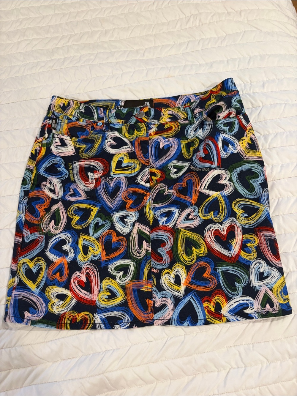 Love Moschino Black Mini Skirt with Multicolor Heart Print